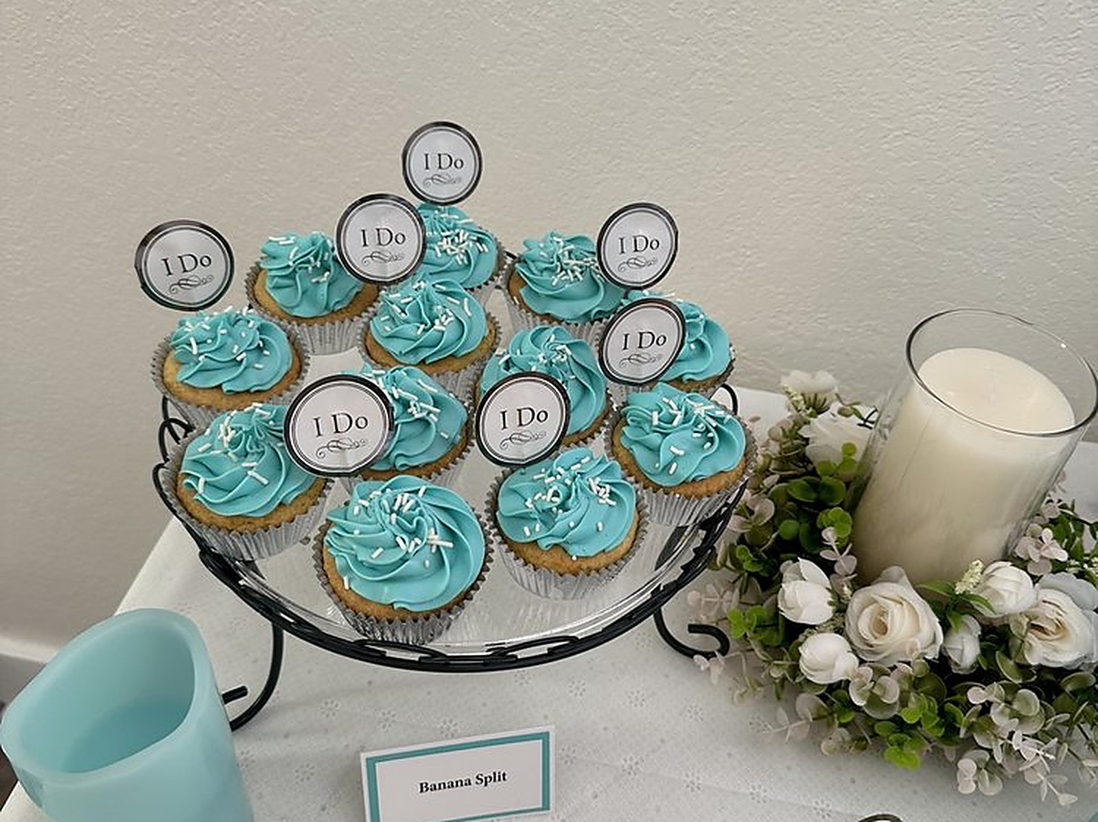 I Do toppers, aqua frosting — event cupcakes matched to your colors and flavor list