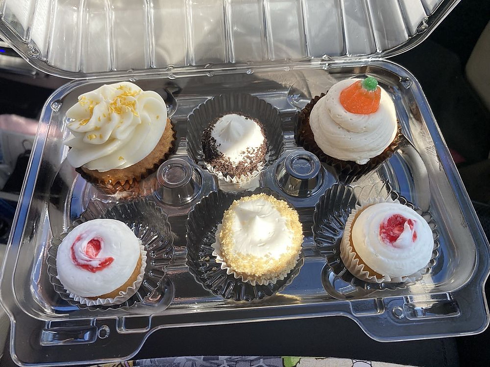 A box of six — six cupcakes packed to travel